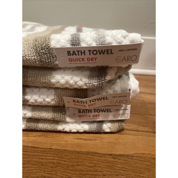Caro Home Bath Towel Set Of 3 -White Gray Tan Stripe Plush - Quick Dry- NEW - Picture 3 of 5